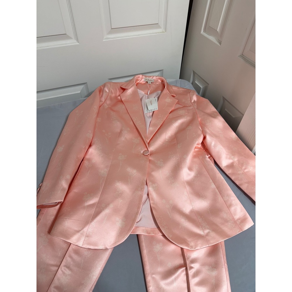 TS Couture Peach Pink Satin Floral Jacquard 2 Piece Pant Suit Set Womens 10 NEW - Picture 2 of 16